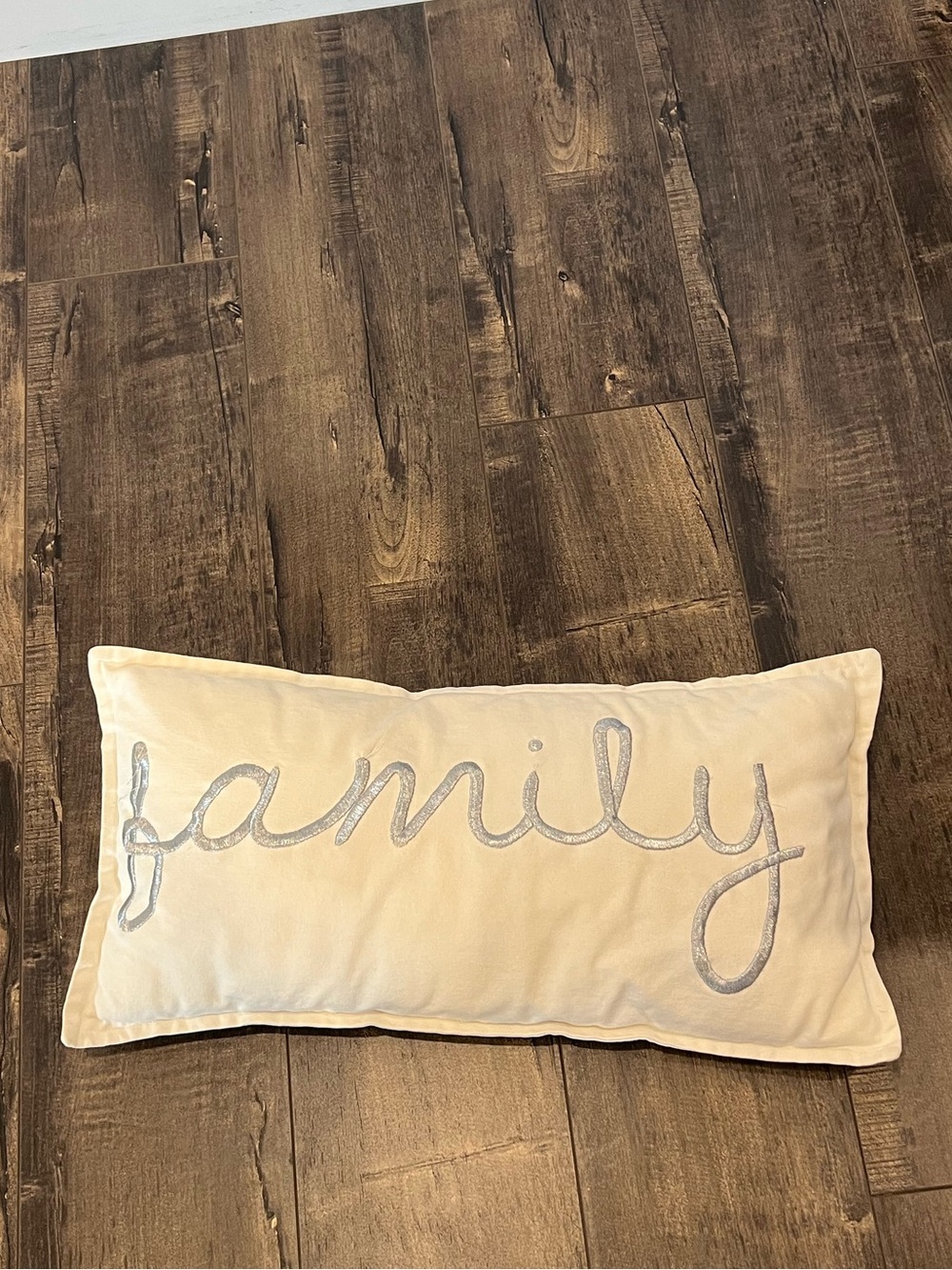 Embroidered 'family' Decorative Throw Pillow - Cream and Silver